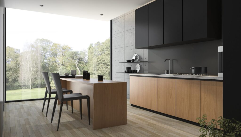 3d rendering modern black kitchen with wood built scaled 1