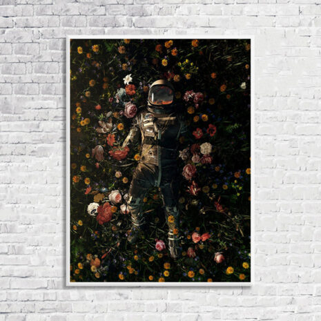 Astronaut-in-ocean-of-Flowers-white frame