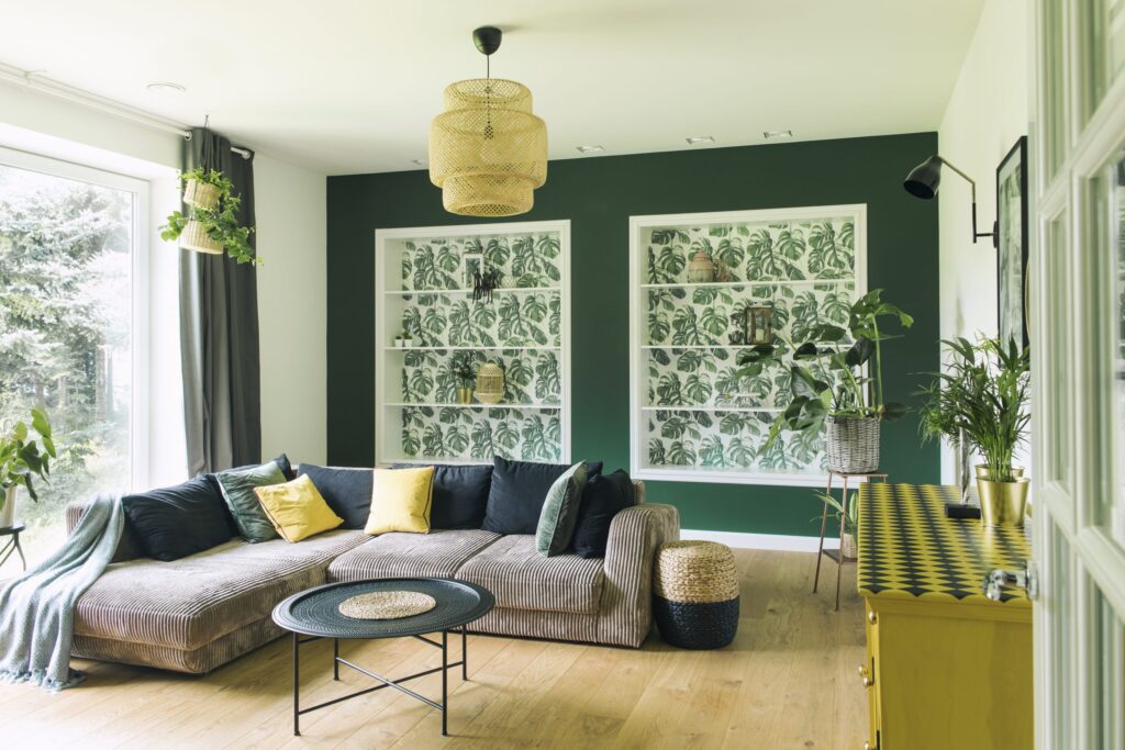 cozy stylish living room interior design with big cornern sofa furniture pillows