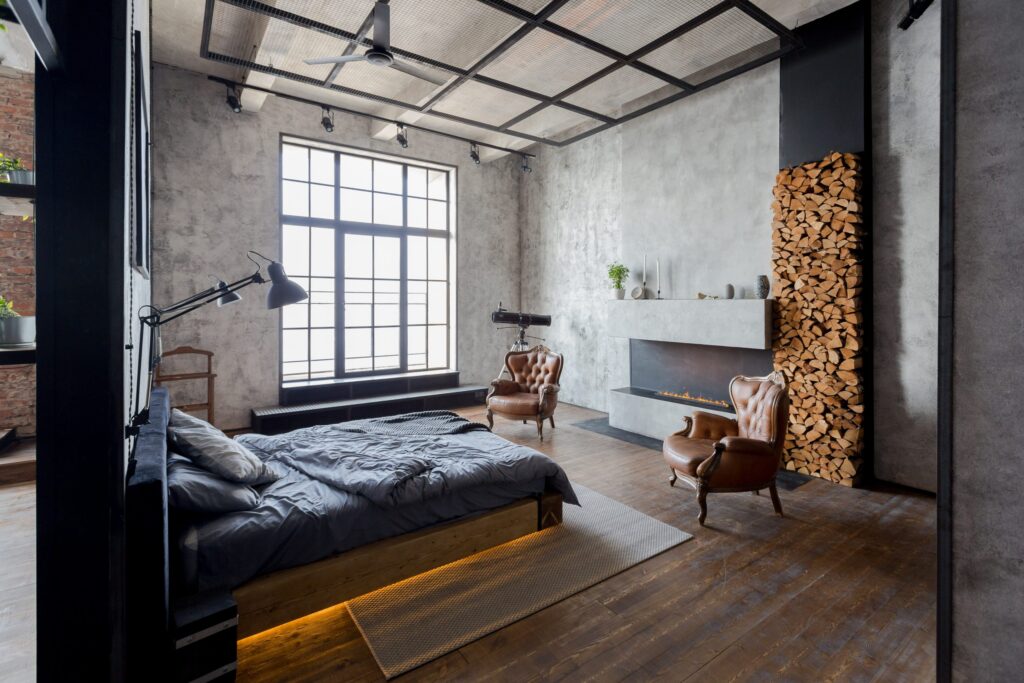 luxury apartment loft style dark colors stylish modern cozy bedroom area with fireplace scaled 1