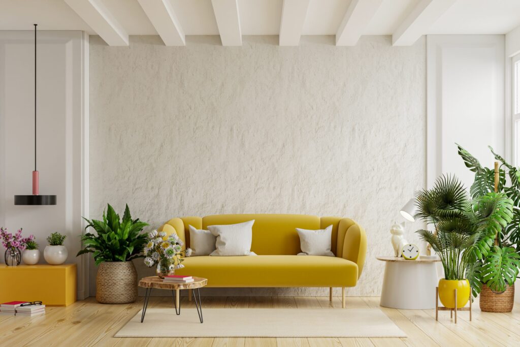 white wall living room with cozy luxury yellow sofa 3d rendering scaled 1